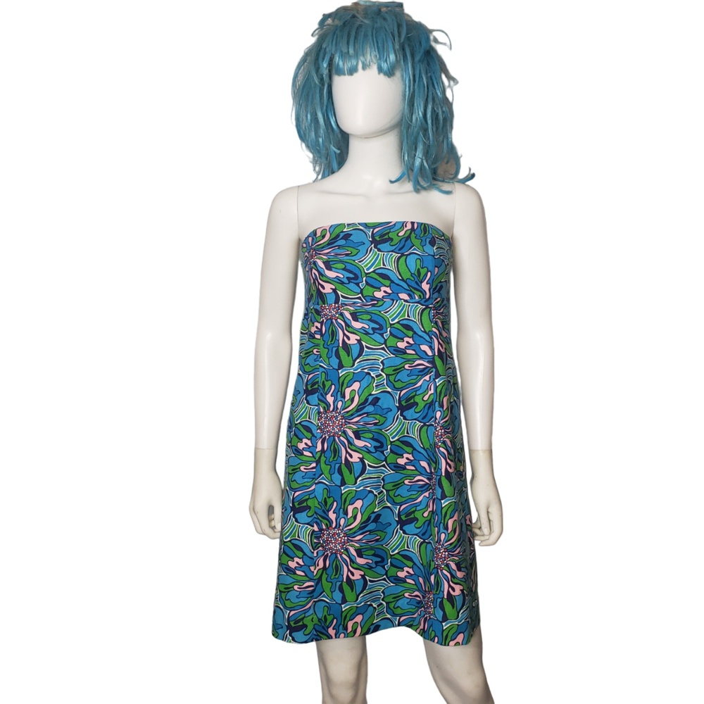 Lilly Pulitzer Bowen Strapless Bright Navy Dress Rehearsal Print Dress Size 4